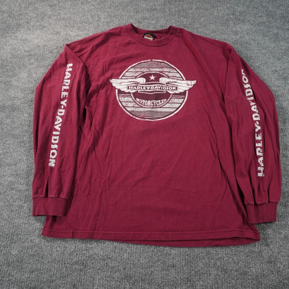 Harley-Davidson T-Shirt Mens 2XL Burgundy Long Sleeve Graphic Biker Tee Spellout